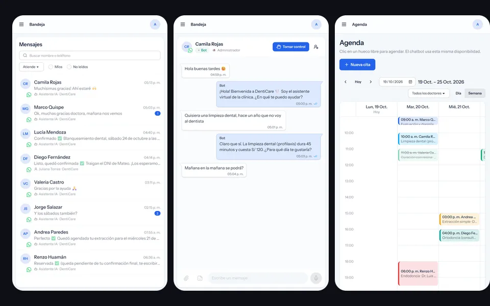 Capturas de DentiCare: bandeja de mensajes, chat atendido por el bot y agenda semanal de citas